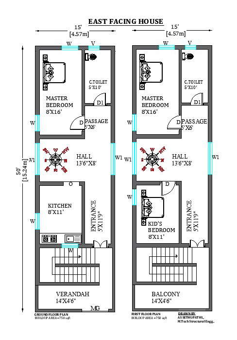 15'x50' G+1 East facing Small home plan as per vastu shastra