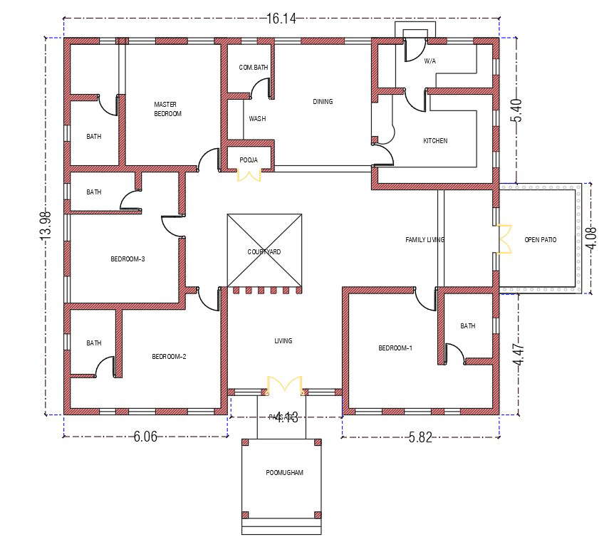 16x14m ground floor 4bhk house design CAD drawing - Cadbull