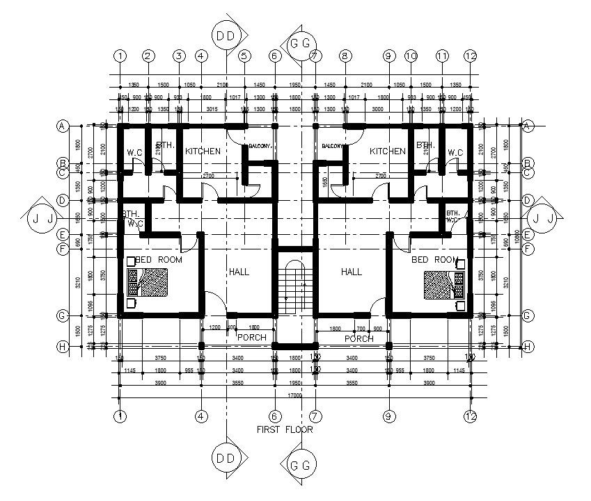 17x11m First Floor Twin House Plan Is Given In This Autocad Drawing Filedownload Now Cadbull