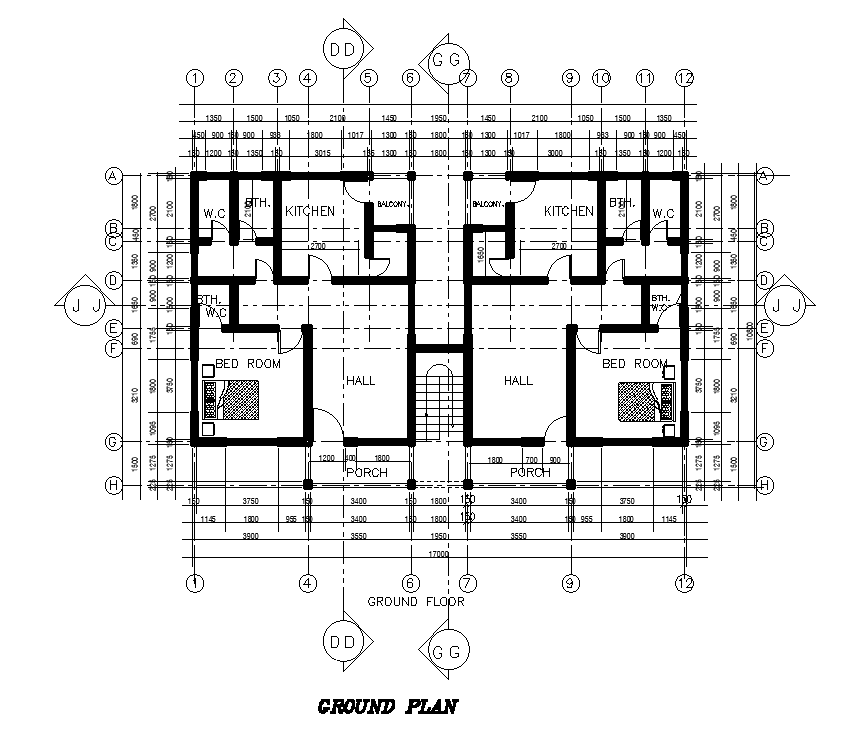 17x11m ground floor twin house plan is given in this Autocad drawing ...