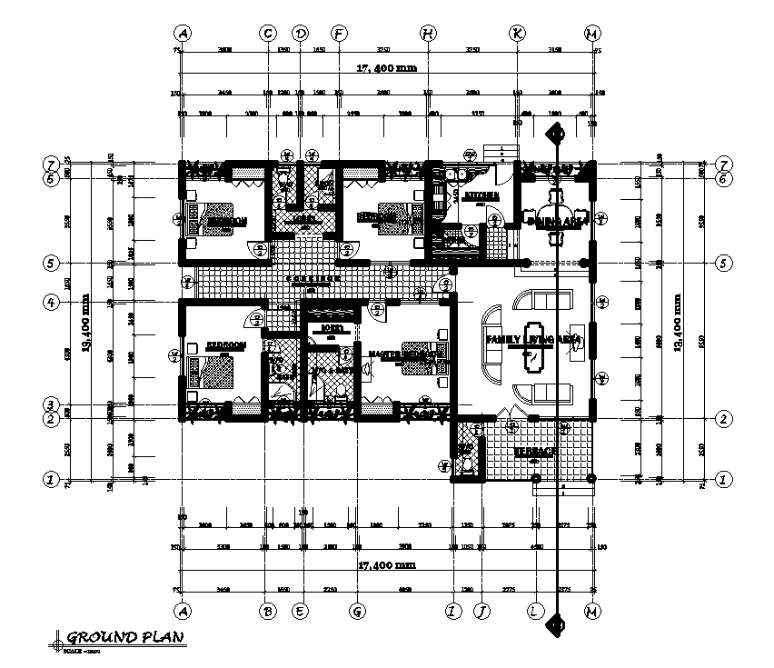 17x14m ground floor house plan is given in this Autocad drawing file ...