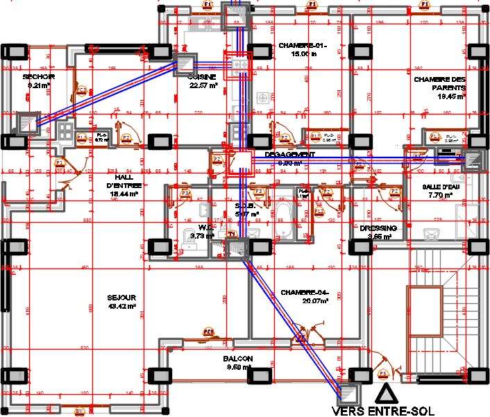 17x14m house plan sanitary manhole location drawing - Cadbull
