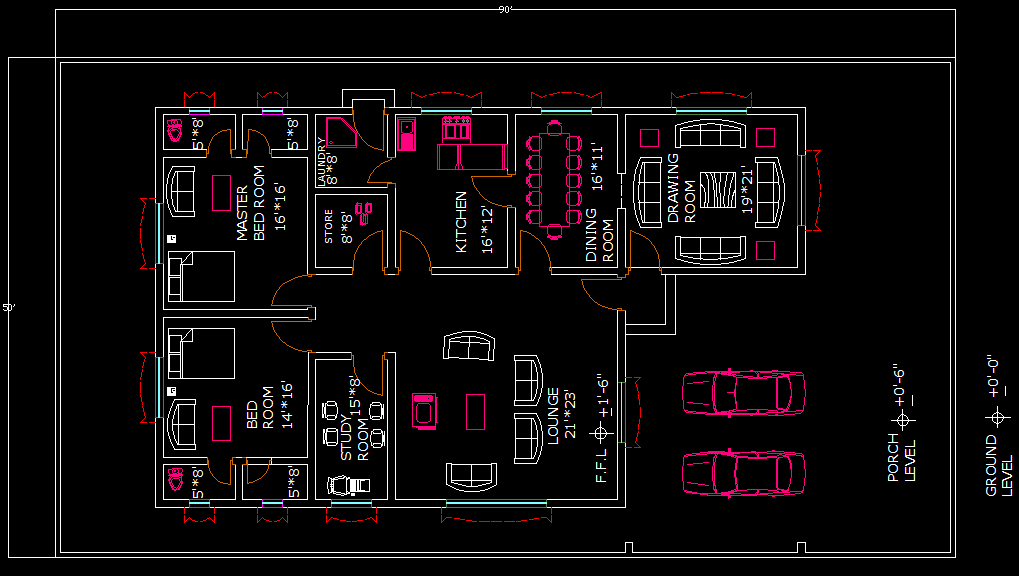 50'x90' house design is given in this cad file. Download this cad file