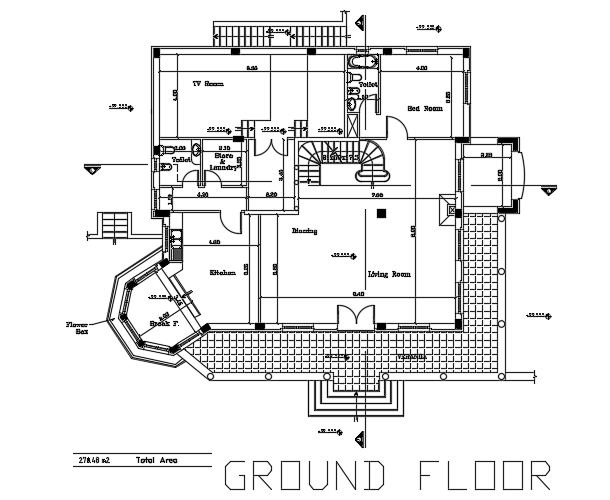 18x17m Ground Floor House Plan 2d Autocad Drawing Cadbull