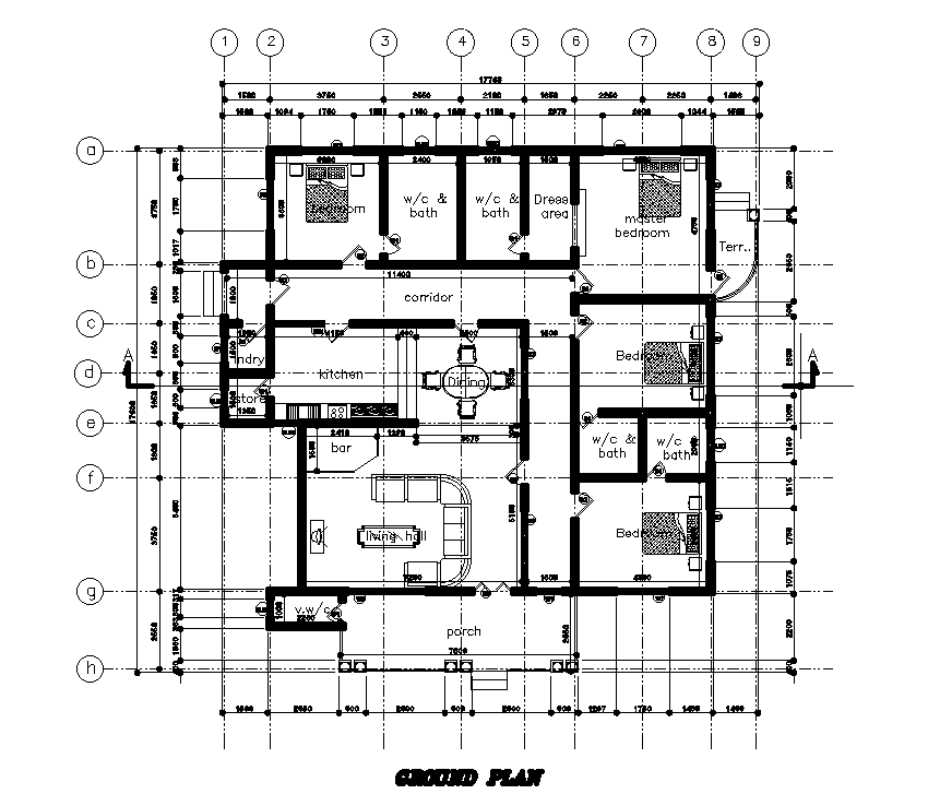 18x17m ground floor of house plan is given in this Autocad drawing file ...