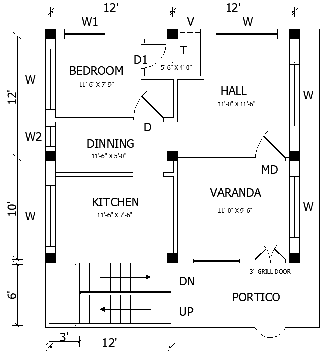 19’x30’ simple 1BHK house detail is given in this 2D Autocad DWG ...