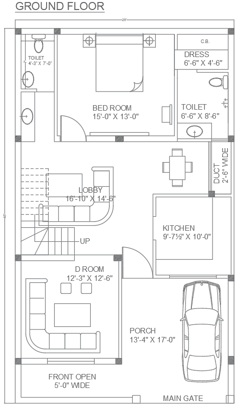 1 BHK House Plan with Detailed Parking Area In DWG File - Cadbull