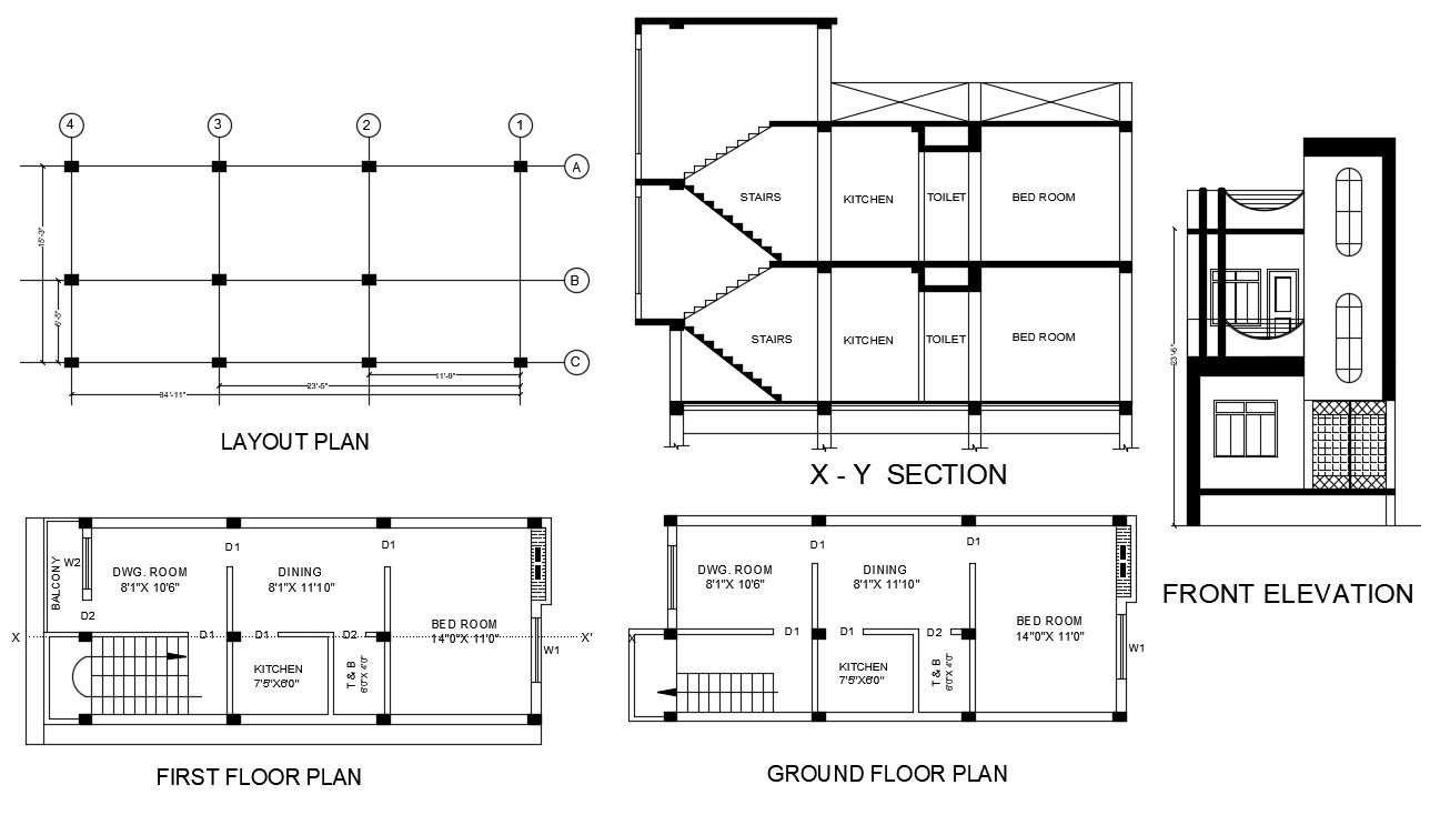 1 Bhk Two Storey House Floor Plan And Building Drawing Dwg File Cadbull