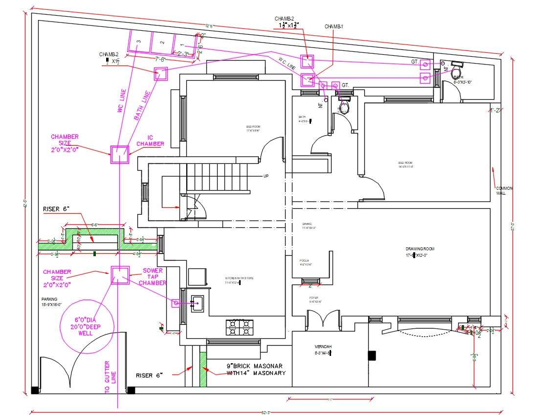 2 BHK House Layout Plan With Drainage Line CAD Drawing 