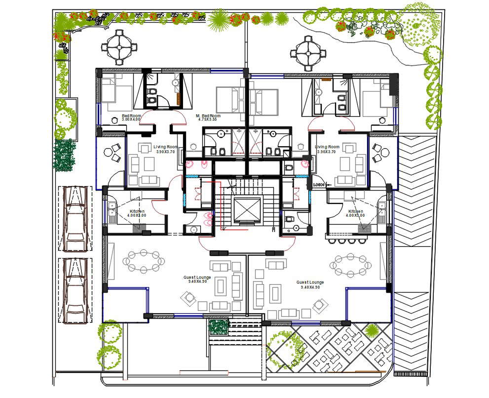 2 BHK Luxurious Apartment House Plan With landscaping Design - Cadbull