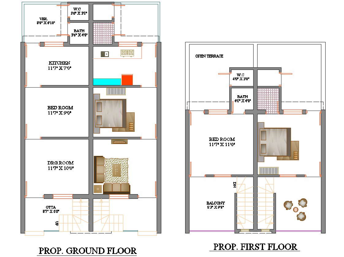 2 Bhk Row House Furniture Layout Plan Autocad File Cadbull