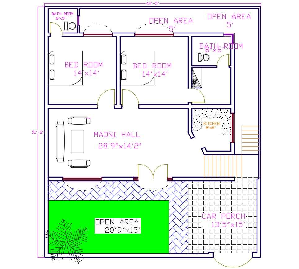 2 Bedroom House Cad Plan - Cadbull