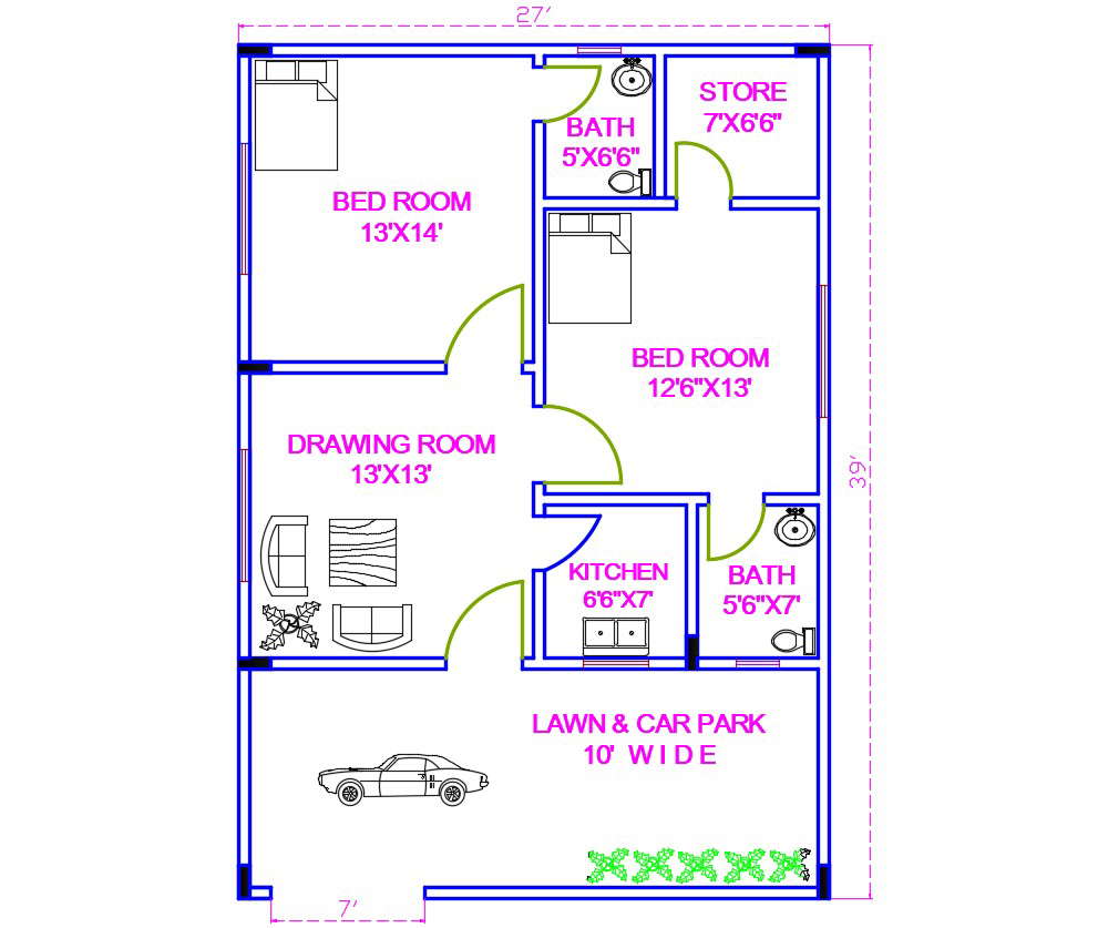 2 Bedroom House Plan - Cadbull