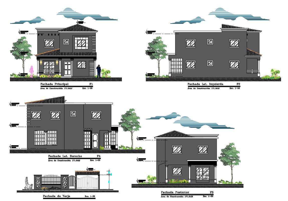 Twin House Main Elevations And Floor Plan Cad Drawing Details Dwg File ...