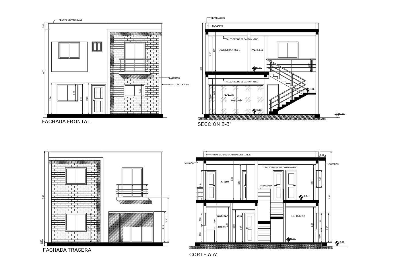 Autocad Drawing Of Two Story Bungalow Elevation Section And Roof Plan ...