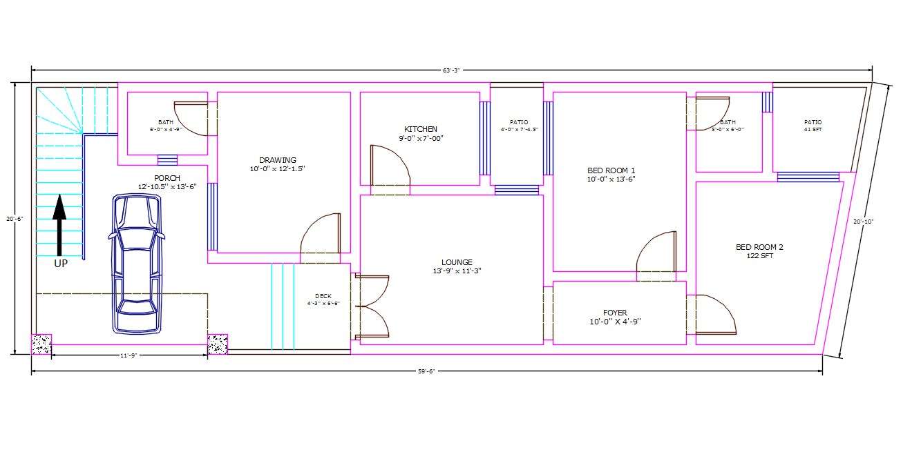 X 63 Car Parking 2 Bhk House Ground Floor Plan Dwg File Cadbull