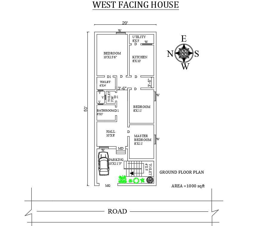 20 X50 Splendid 3 BHK West Facing House Plan As Per Vasthu Shastra 