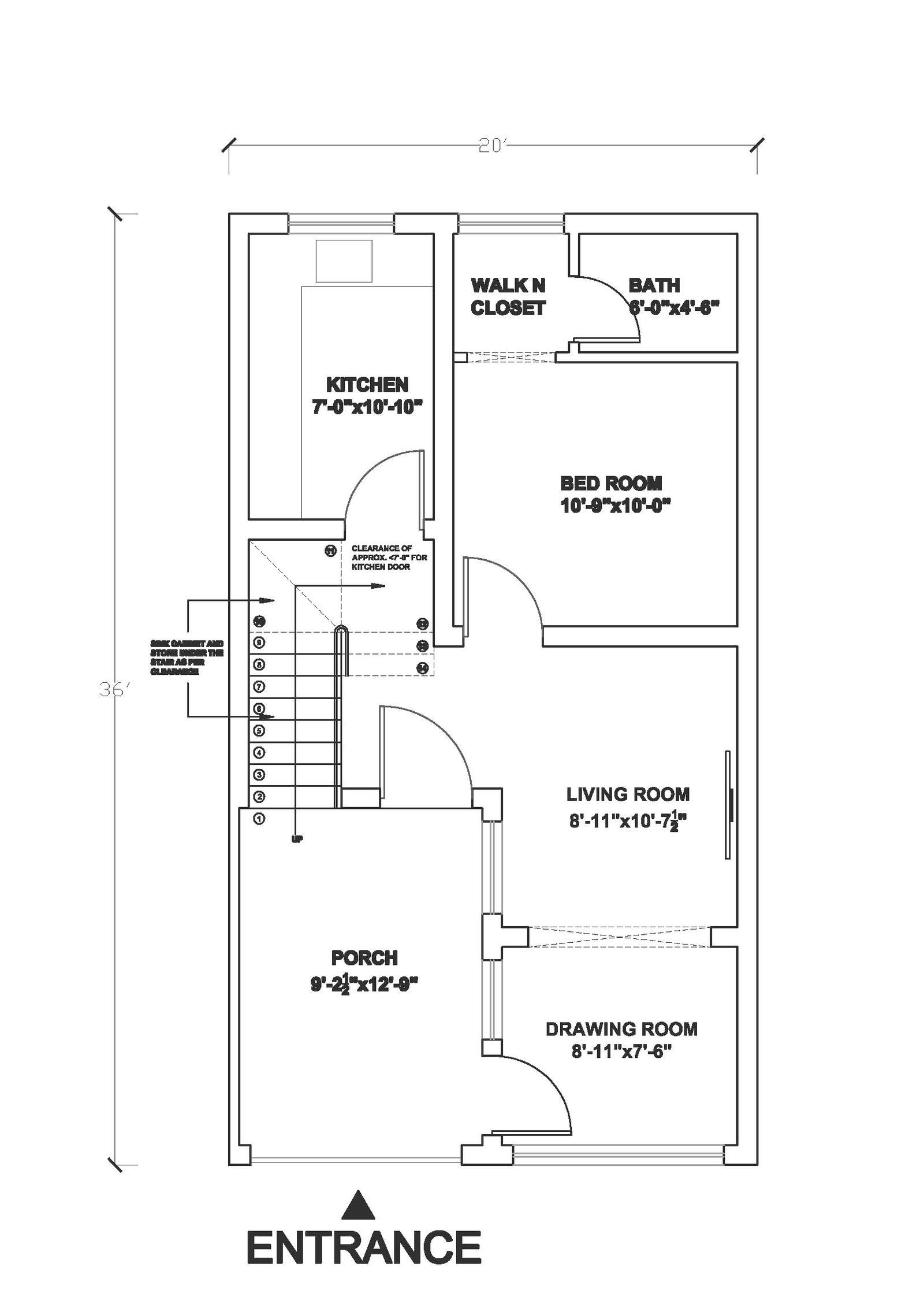 20 X 36 Architectural Plan With Porch And Large Kitchen Cadbull