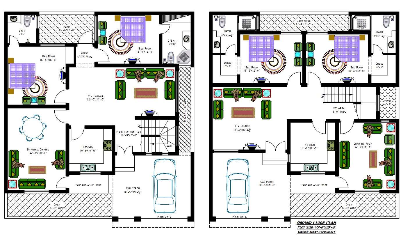 2000 SQ FT House Plans With 2 Different Option In AutoCAD Drawing - Cadbull