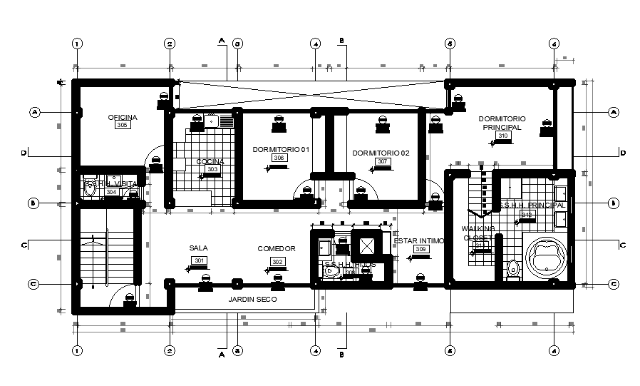 200 Square Meter House Plan With Centre Line CAD Drawing