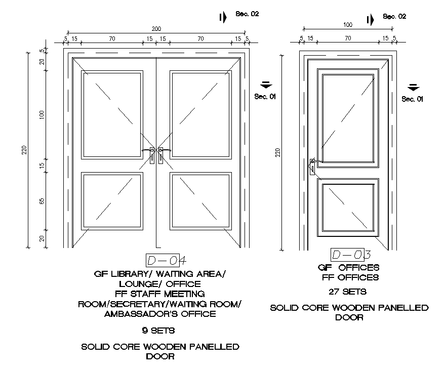 200x220cm Solid core wooden paneled door AutoCAD drawing Cadbull