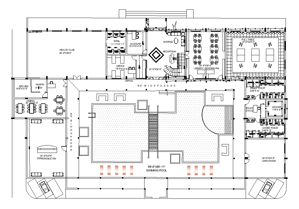 207’x156’ club house plan is given in this AutoCAD drawing file ...