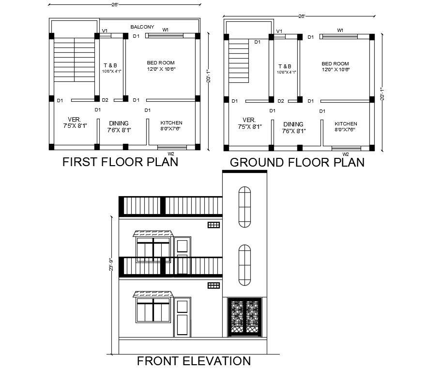 20x26 House Ground Floor And First Floor Plan Drawing Dwg File Cadbull