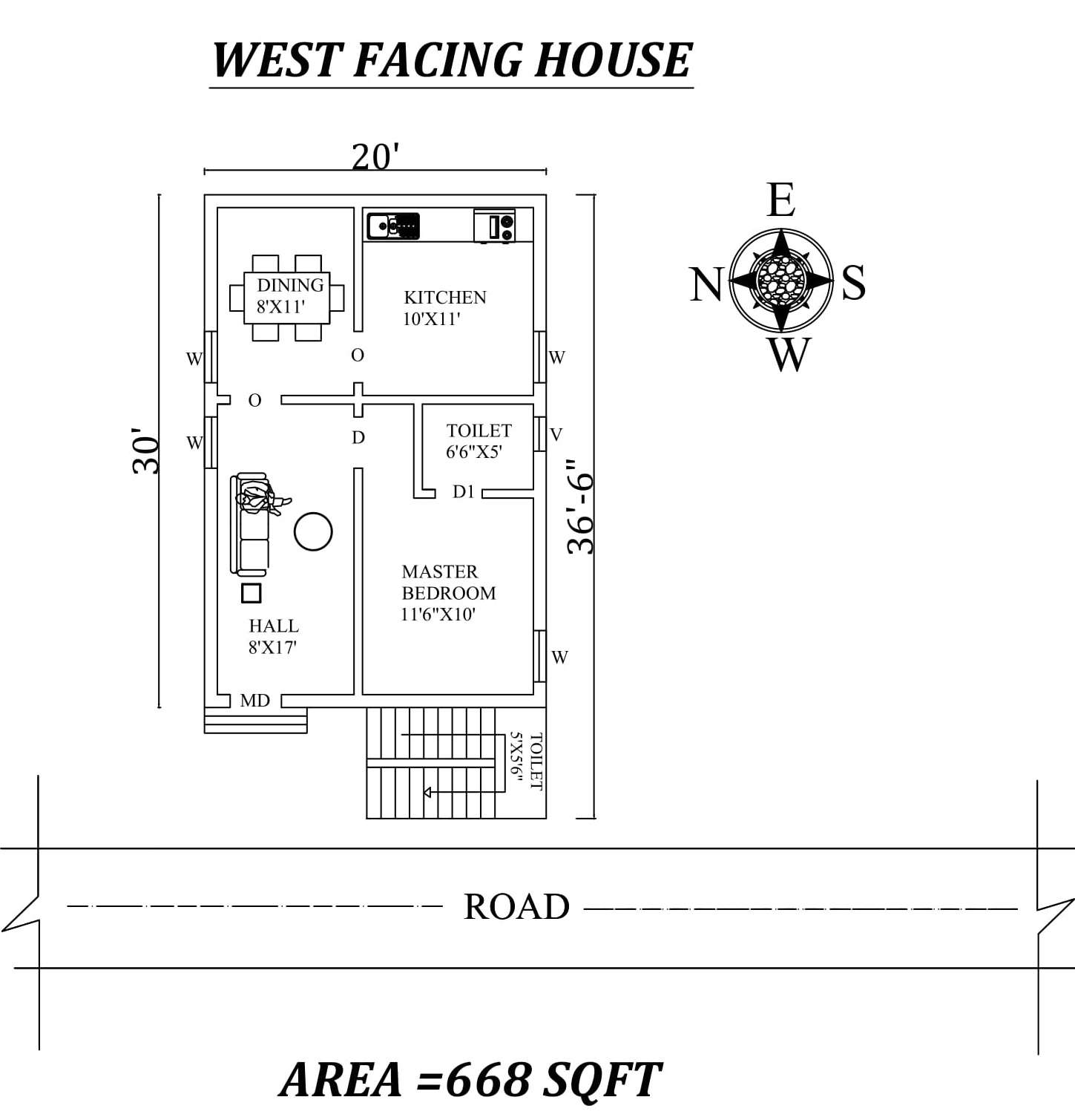 20'X30' Single bhk West facing House Plan As Per Vastu Shastra,Autocad