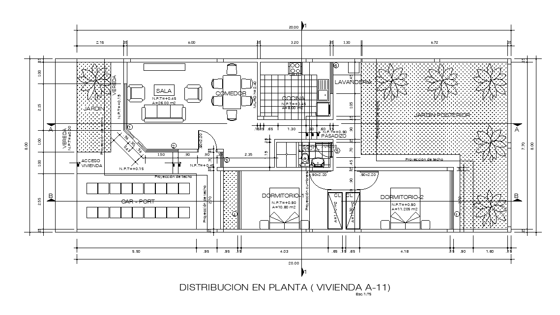 20X8 Meter 2 Bedrooms House Plan With Furniture Design DWG File - Cadbull