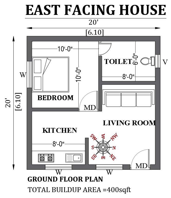 20 x20 East Facing House Plan As Per Vastu Shastra Is Given In This FREE 2D Autocad Drawing