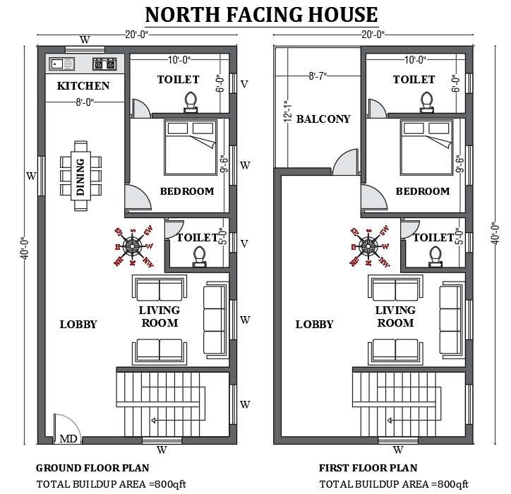 20’x40’ FREE north facing house plan as per vastu is given