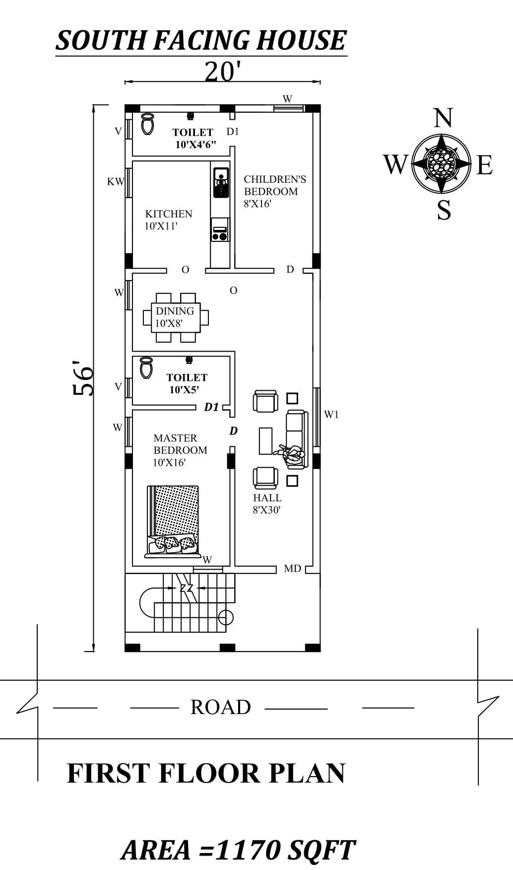 20 x56 2bhk Awesome South facing First floor House Plan 