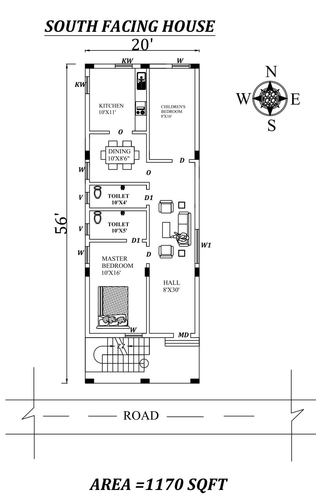 20'x56' 2bhk South facing Houseplan layout as per Vastu