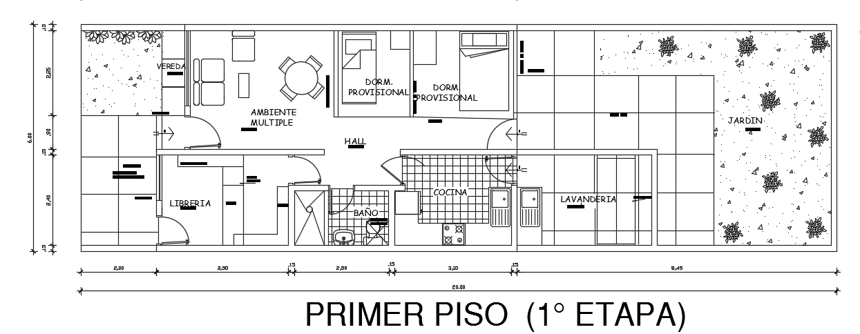 20x6m architecture 2bhk house plan AutoCAD drawing - Cadbull