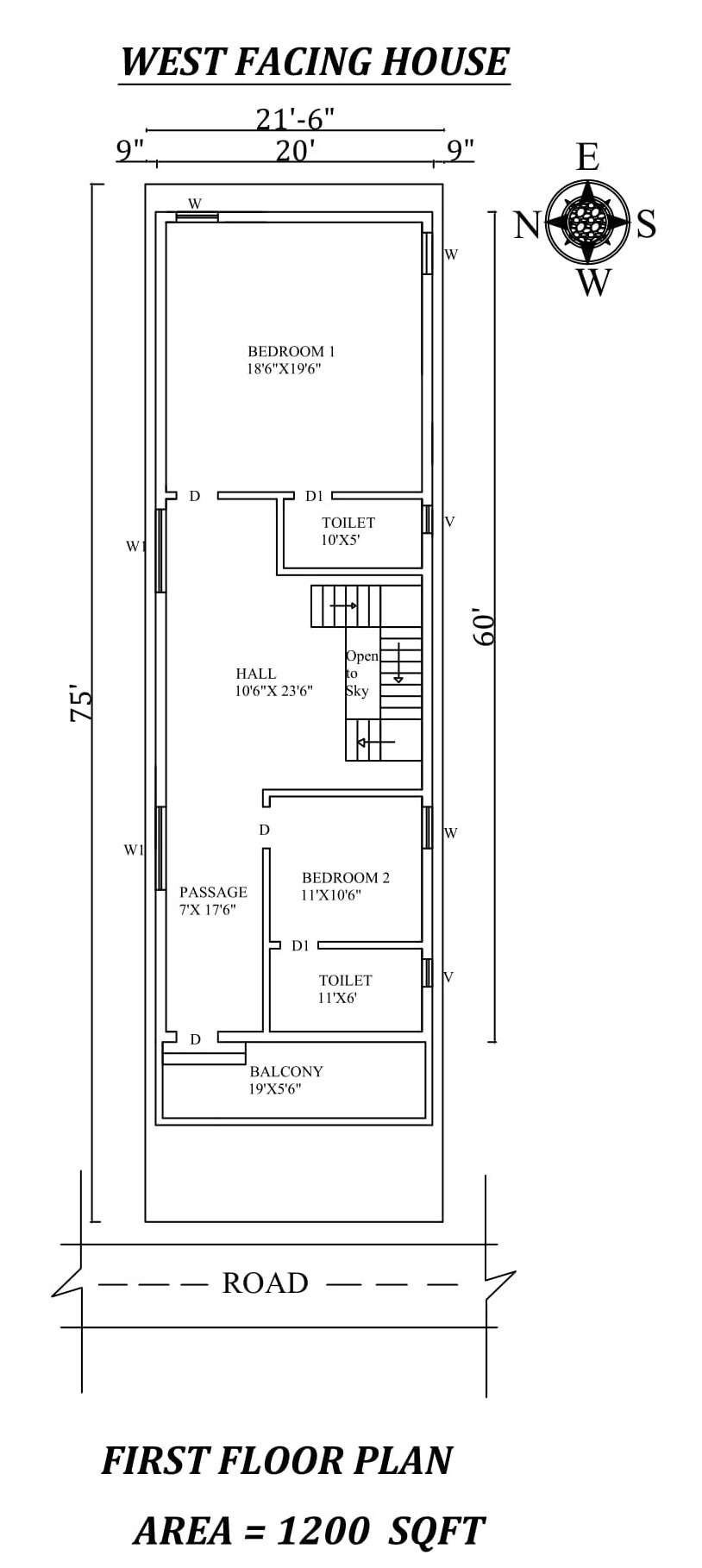 21'6"X75' Single bhk West facing First floor House Plan As