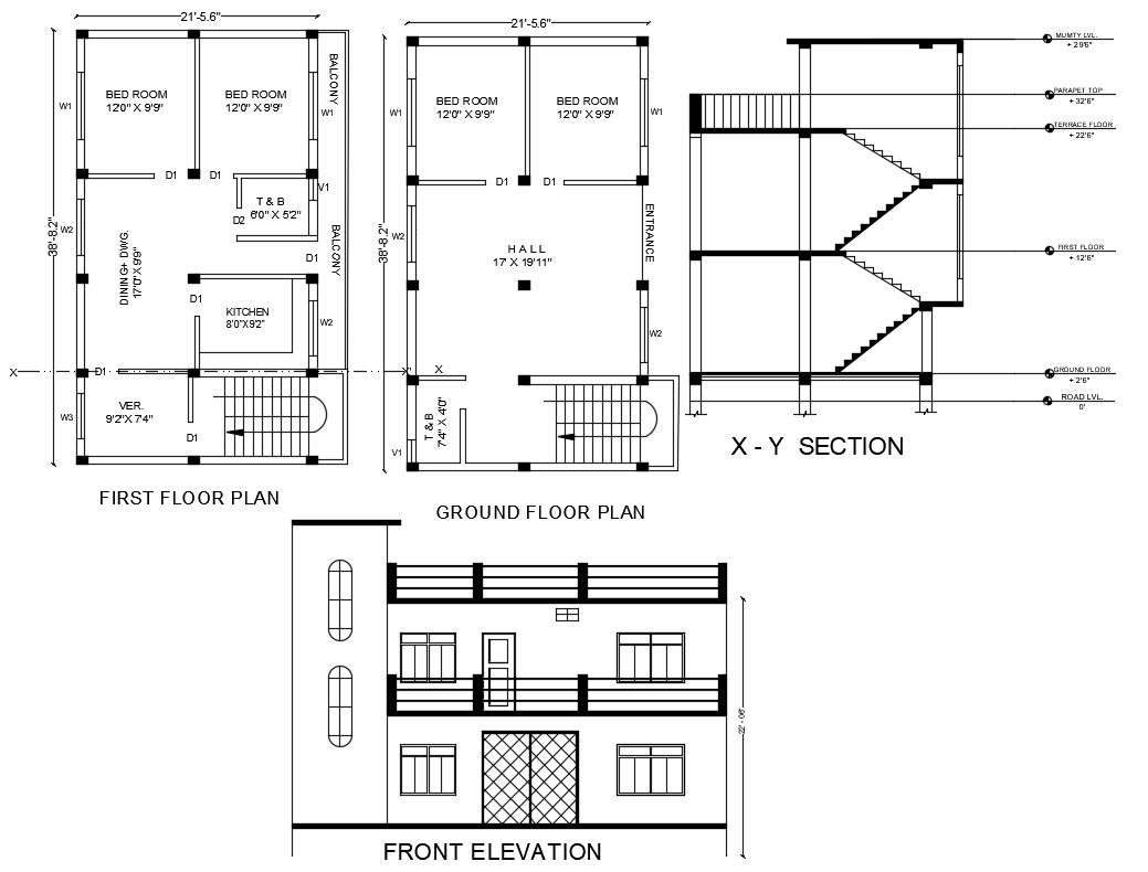 21' X 38' two Storey House Plan CAD Drawing DWG File - Cadbull