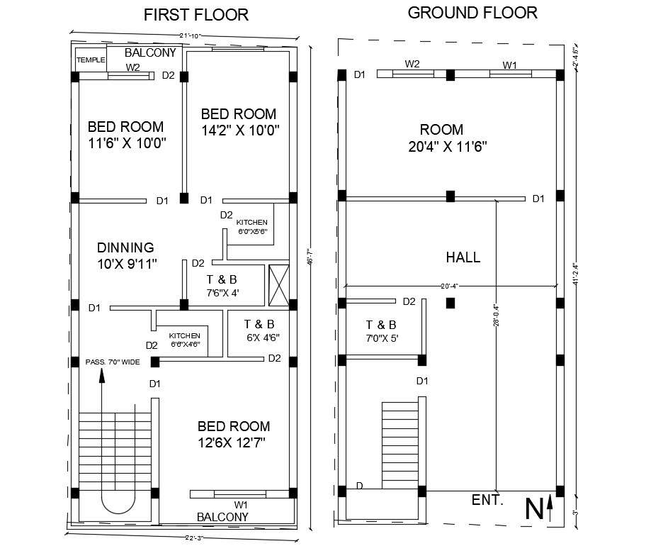 21x46 Two Unit House Floor Plan Drawing Dwg File Cadbull