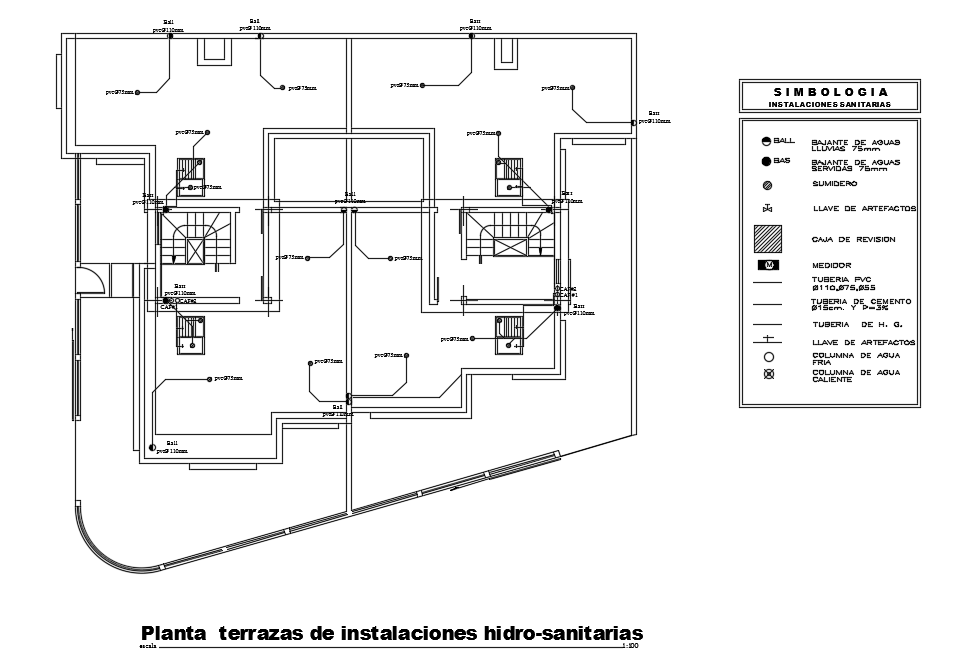 21x20m House Plan Roof Sanitary Water Line Cad Drawing Cadbull