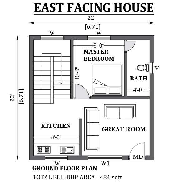 22'X22’ East facing house design as per vastu shastra is given in this ...