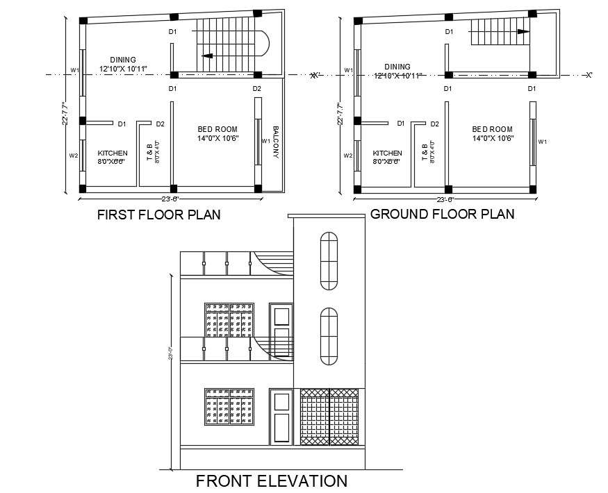 22' X 23' House Plan And Front Elevation Design DWG File - Cadbull