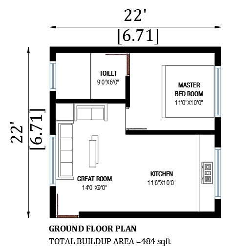 22'x22' single floor sloping roof house design is given in this cad ...