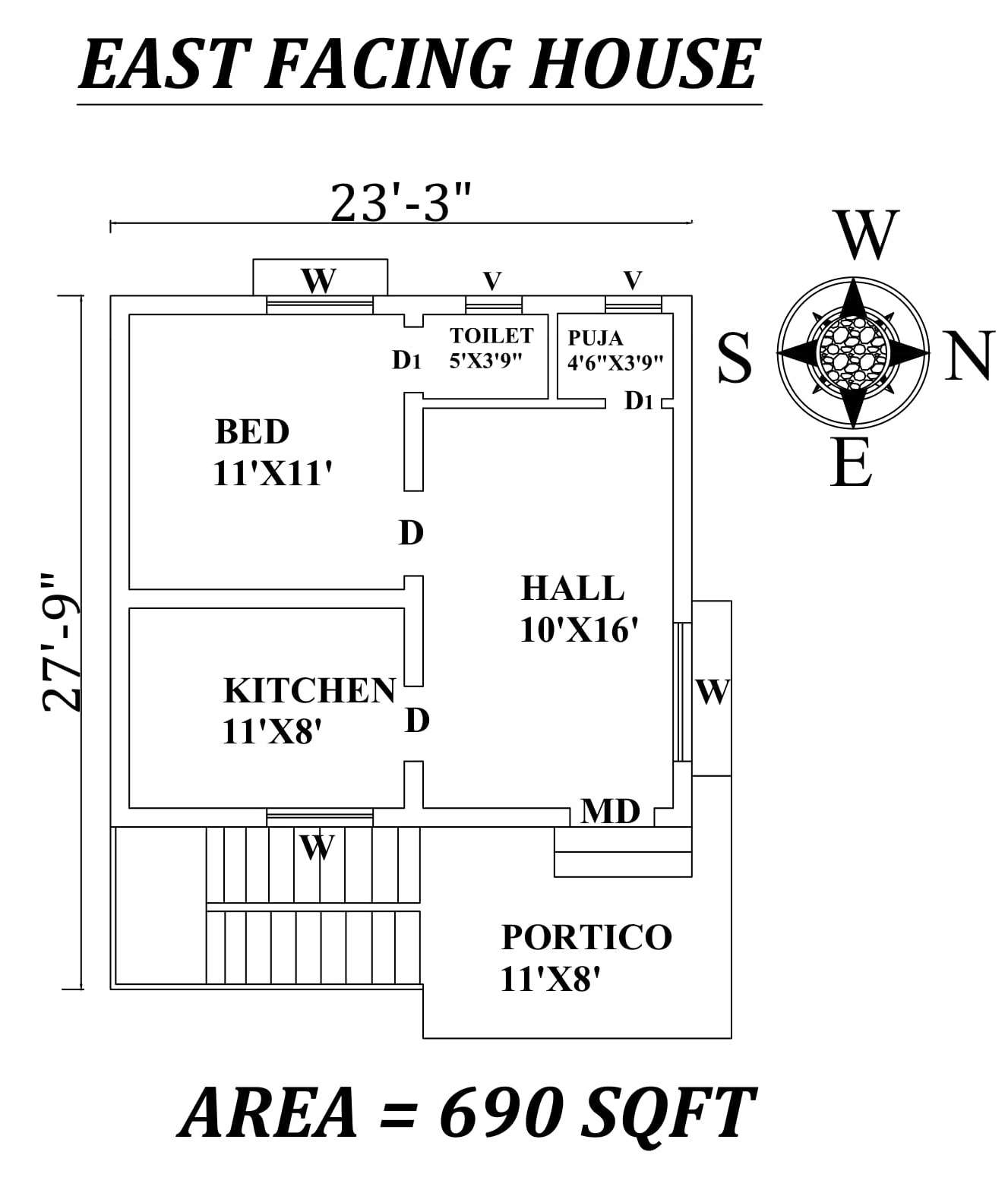 X Amazing East Facing SIngle BHk House Plan As Per Vasthu Shastra Autocad DWG File