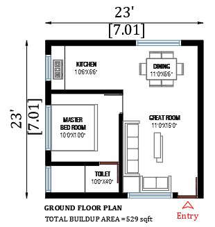 23'x23' single floor sloping roof house design is given in this cad ...