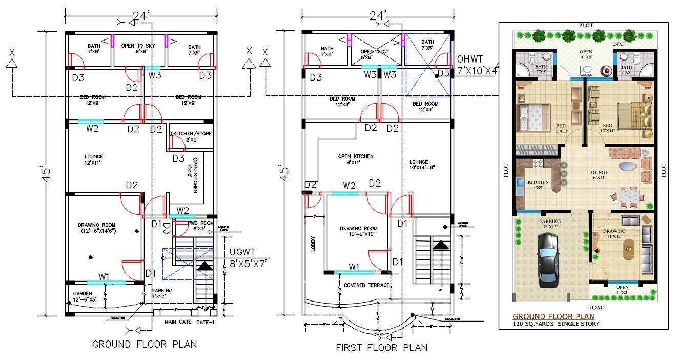 24X45 House Ground Floor And First Floor Plan DWG File - Cadbull