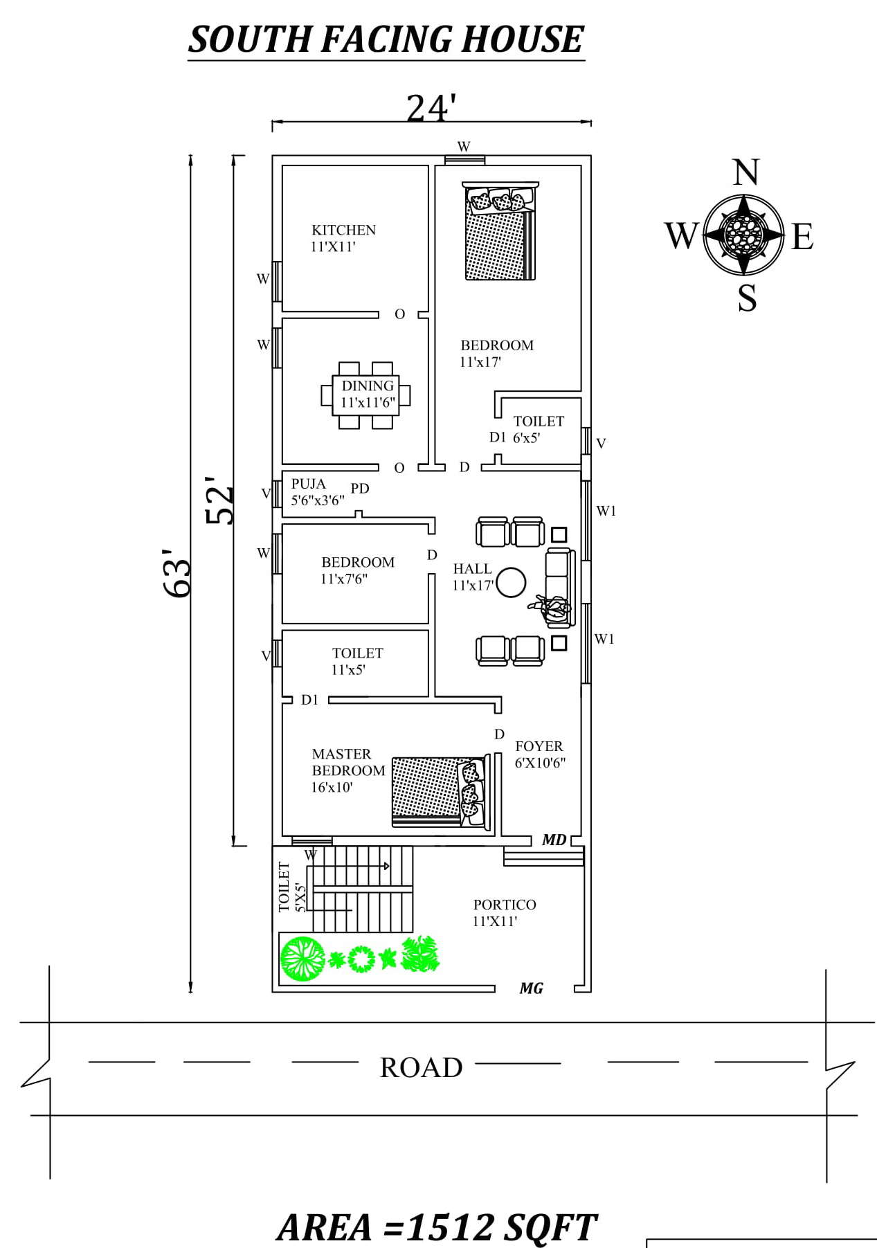 24'X63' 3bhk South facing House Plan As Per Vastu Shastra,Autocad DWG ...