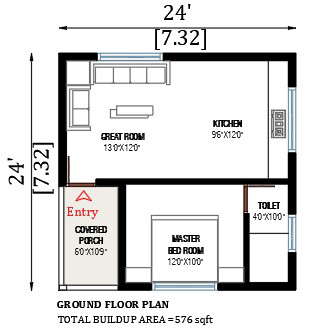 24'x24' single floor sloping roof house design is given in this cad ...