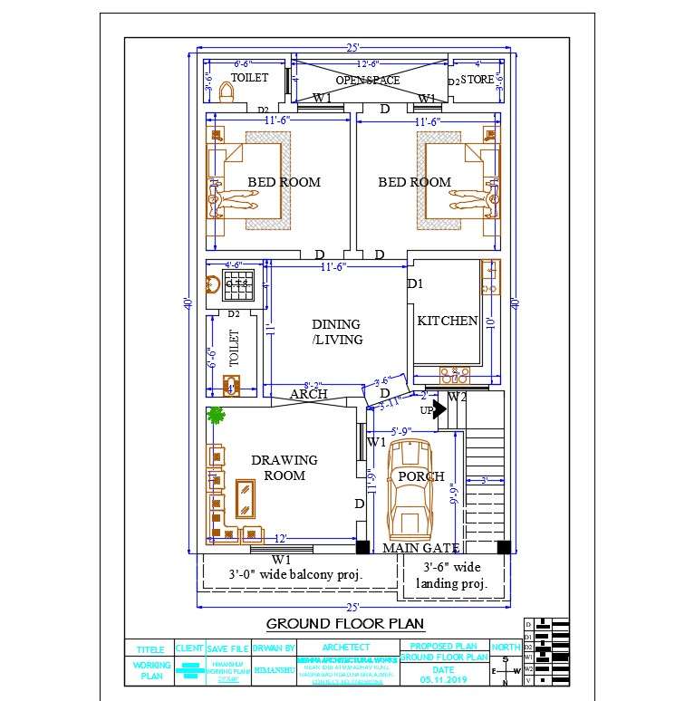 25 'X 40' House Plan North Facing DWG File Cadbull