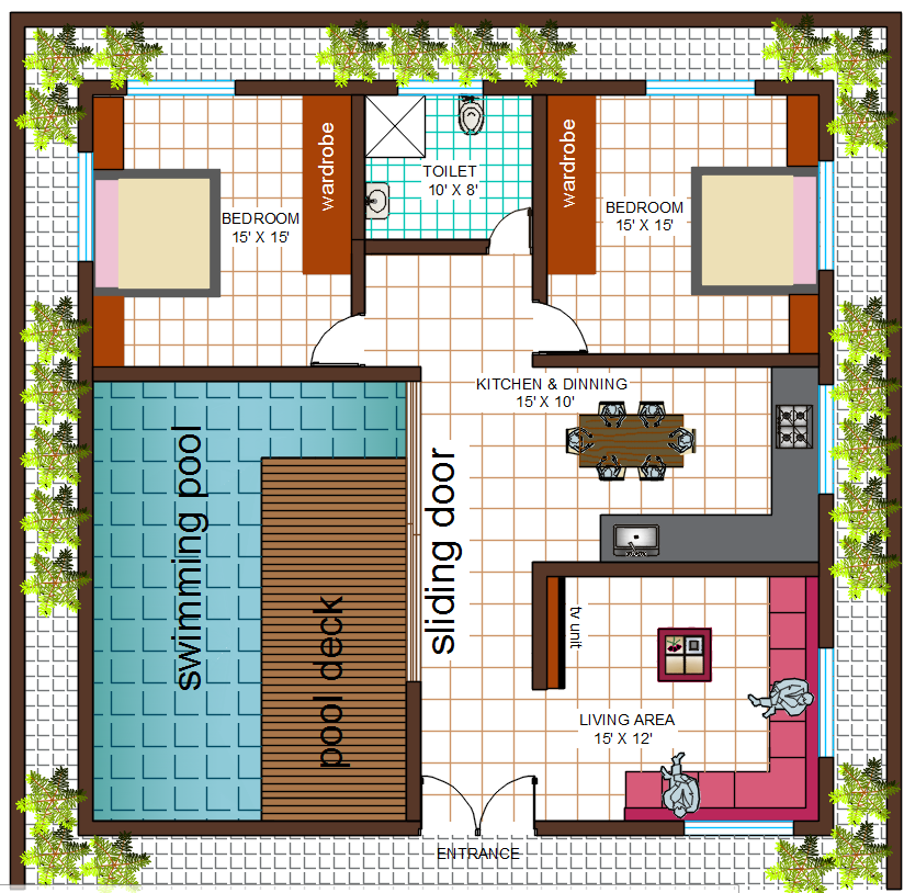 2500 Sqft House Plan With Swimming Pool Design DWG File Cadbull 15x60-house-plan-exterior-interior-vastu
