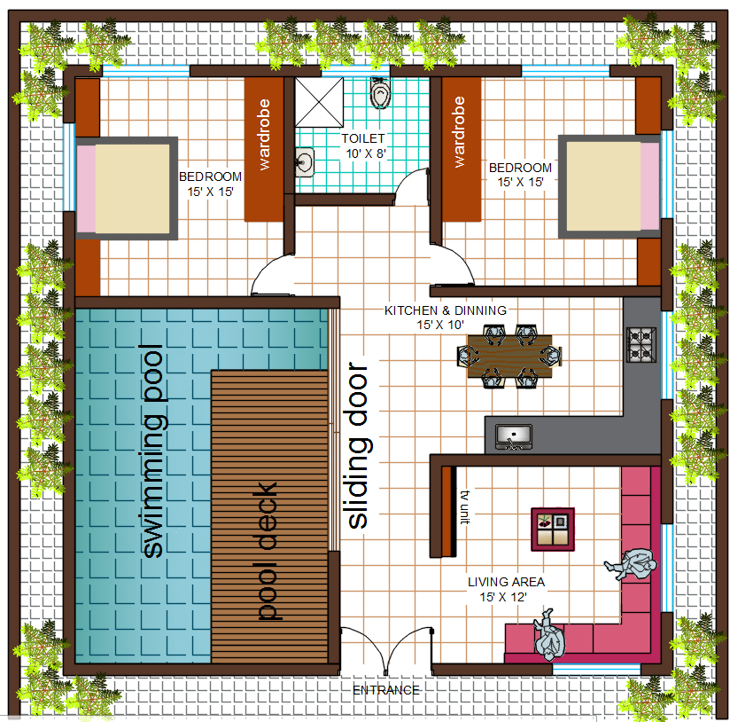 2500 sqft House Plan With Swimming Pool Design DWG File - Cadbull