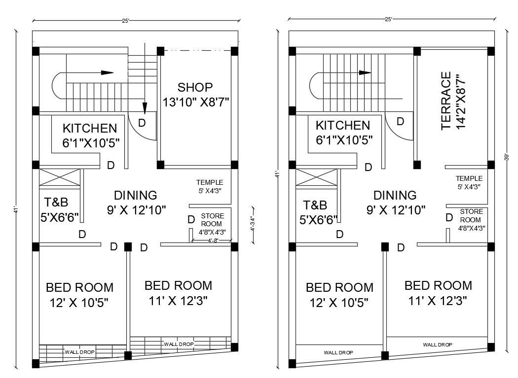 25'X41' Plot Size 2 BHK House Floor Plan Drawing DWG File - Cadbull